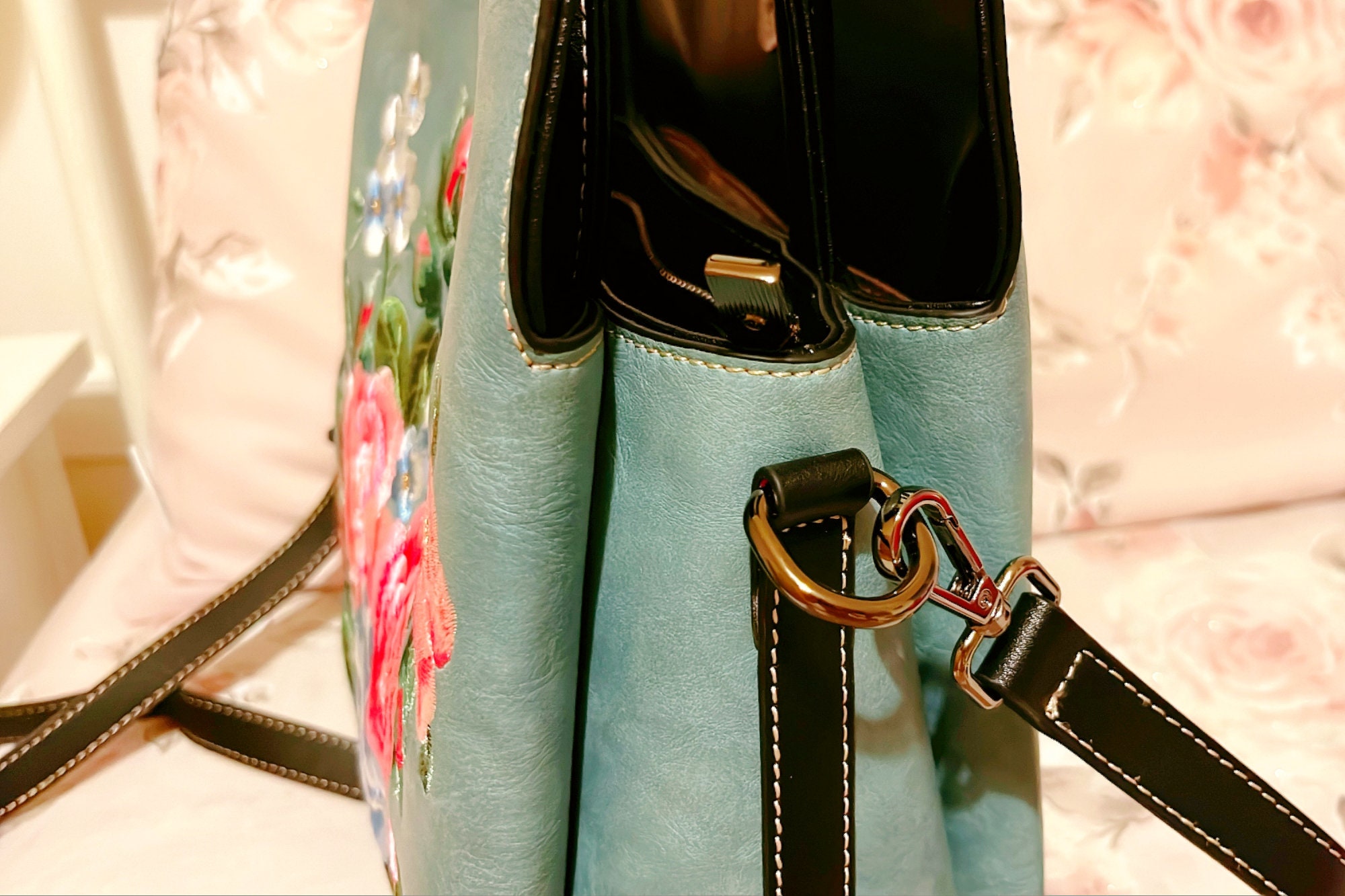 Grey floral embroidered tote bag deals