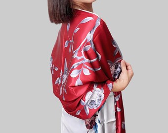 Reversible Mulberry Silk Shawl, Red White Evening Wrap, Wedding Shrug Floral