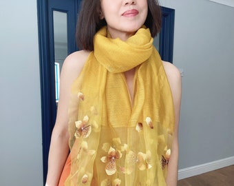 Gold Embroidered Silk Scarf, Shawl Wrap For Bridal Bridesmaid, Lightweight stole, in 4 Colors - Birthday Gift For Her