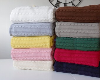 Cozy Cable Knit Cotton Throw Blanket in 10 Colors, Nordic Style Bedspread, Chunky Bed Runner 180*200cm