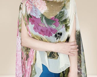 Peony Floral Silk Sheer Poncho Top – Convertible Chiffon Shawl Wrap Cape