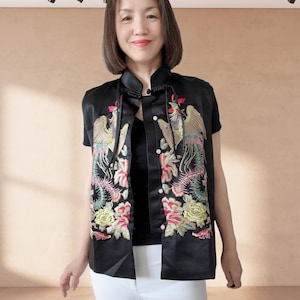 Hand Embroidered Vest Black- Silk Waistcoat Women - Phoenix and Floral - Casual Spring Vest -Perfect Gift For Her