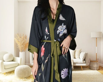 Silk Dressing Gown Floral,Long Robe Women, Bridal Bridesmaid Kaftan, Silk Bathrobe, Beach Cover Up, Improve Sleep Well.