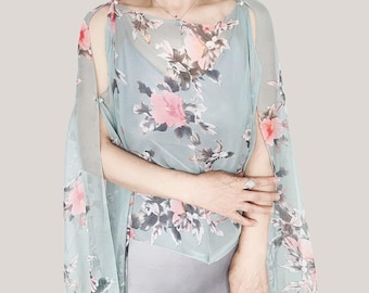 Sage Green Floral Silk Chiffon Poncho Top – Sheer Shawl Wrap Capelet