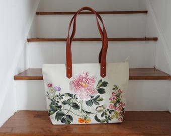 Embroidered Floral Canvas Tote Bag, Large Zippered Handbag, Shoulder Bag For Women
