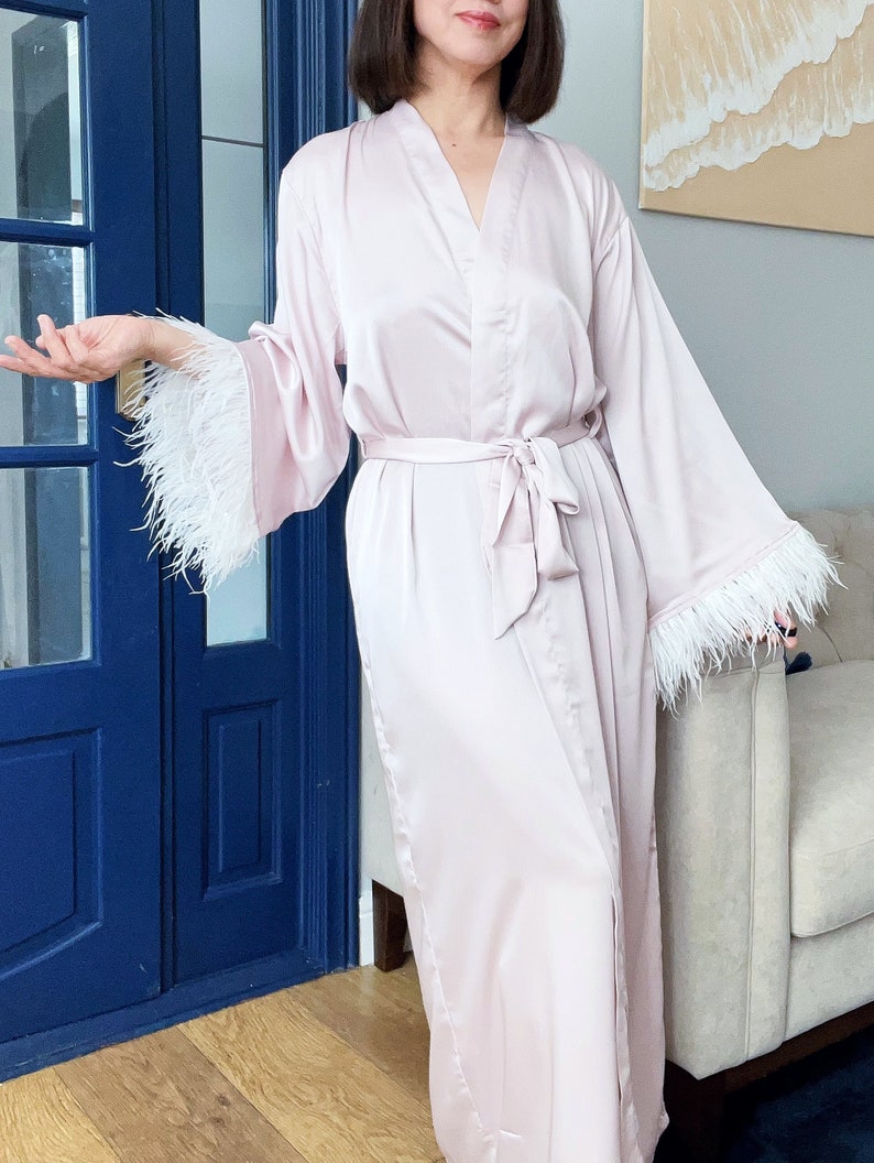 Pink Bride Robe Peach Pink Bridal Robe With Feather Detail - Elegant Wedding Dressing ...