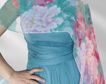 Peony Silk Chiffon Scarf, Floral Shawl, Wrap for Dress in Summer, Birthday Gift
