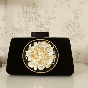 Black Velvet Embroidered Clutch: Peony Evening Bag with Kiss Lock & Chain Strap, + Free Gift
