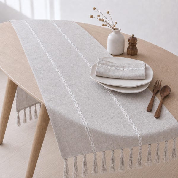 Beige Grey Linen Table Runner, Rustic Farmhouse fringed Dining Decor
