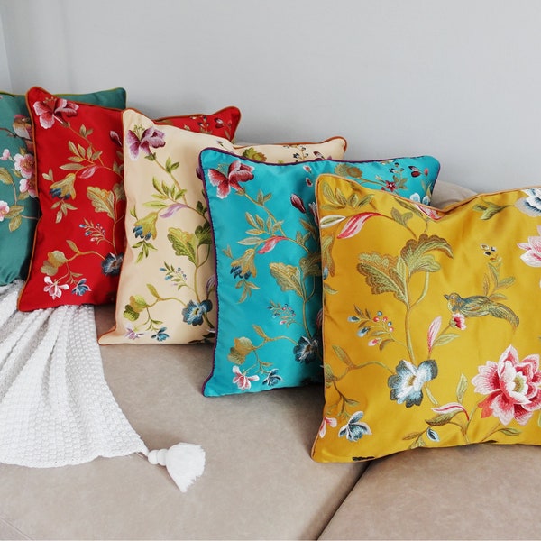 2x Embroidery Silk Cushion Cover, Floral Throw Pillow Case, 17x17inch, 45x45cm, Come in Gold,Red,Green,Lake Blue,Champagne