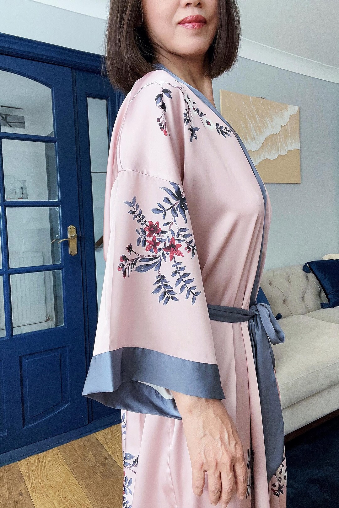 Peignoir en soie à fleurs rose robe de chambre longue de style