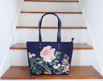 Embroidered Floral Canvas Tote Bag, Large Zippered Handbag, Birthday Gift for Her