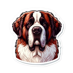 May include: A close-up portrait of a Saint Bernard dog. The dog has a white and brown coat with black markings around the eyes. The dog is looking directly at the viewer with a serious expression.