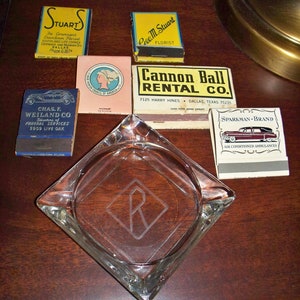 Vintage &quot;R&quot; Monogrammed Ashtray with Vintage Matchbooks