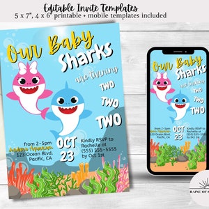 Könnte beinhalten: Eine druckbare Babyparty-Einladung mit einer Illustration von blauen und rosa Babyhaien. Die Einladung lautet "Unsere Babyhaie werden ZWEI" und enthält das Datum "23. Oktober" und die Uhrzeit "von 14:00 bis 17:00 Uhr". Die Einladung enthält auch den Ort "Juniper's Aquarium, 123 Ocean Blvd., Pacific, CA" und eine RSVP-Anfrage an Rachelle unter (555) 555-5555 bis zum 1. Oktober.