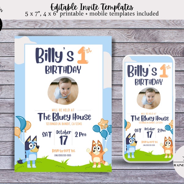 Invito digitale modificabile per festa di compleanno a tema cane blu e arancione / Invito di compleanno elettronico / Ridimensionabile e stampabile