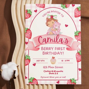 Strawberry Cupcake First Birthday Invitation Template Birthday Invitation Personalized Template | Invite Evite Print
