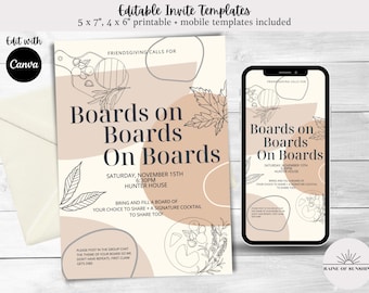 May include: An invitation template with the text "Boards on Boards On Boards" in a modern font. The design includes beige and cream colors, with leaf and food illustrations. A smartphone displays the same invitation.
