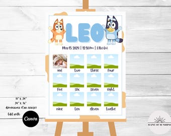 May include: A printable growth chart featuring a blue and orange cartoon dog with the name "LEO" at the top. The chart has a space for a photo and 12 numbered spaces for photos to track a baby's growth. The text "May 15, 2024 | 12:30 PM | 8 lbs 6 oz" is printed below the name.