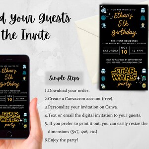 May include: A digital invitation for a Star Wars themed 5th birthday party. The invitation is black with yellow text and features a Star Wars logo and characters. The invitation is displayed on a smartphone screen.