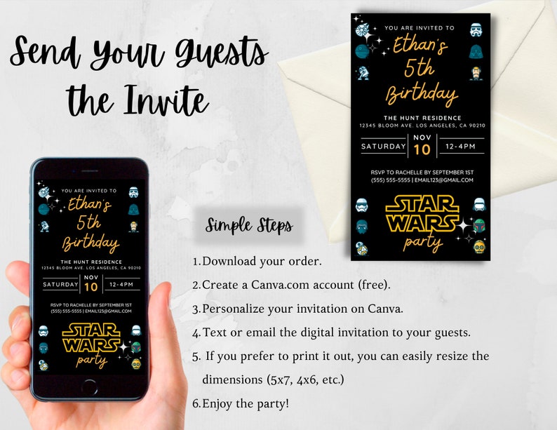 May include: A digital invitation for a Star Wars themed 5th birthday party. The invitation is black with yellow text and features a Star Wars logo and characters. The invitation is displayed on a smartphone screen.