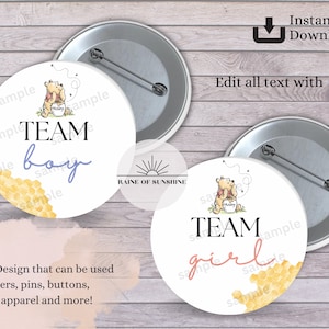 Winnie the Pooh Bee Gender Reveal Baby Shower Team Girl Boy Design | Editable Digital Text Template |  Button Pin Sticker Printable