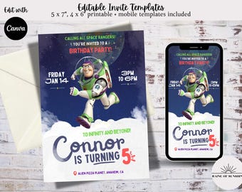 May include: Editable printable invitation template featuring Buzz Lightyear from Toy Story. The invitation is for a birthday party with the text "Calling all space rangers! You're invited to a birthday party!" and "To infinity and beyond! Connor is turning 5".