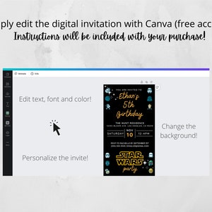 May include: A digital invitation template for a Star Wars themed 5th birthday party. The invitation is customizable with Canva and features a black background with gold text and Star Wars characters. The text on the invitation reads "You are invited to Ethan's 5th Birthday".