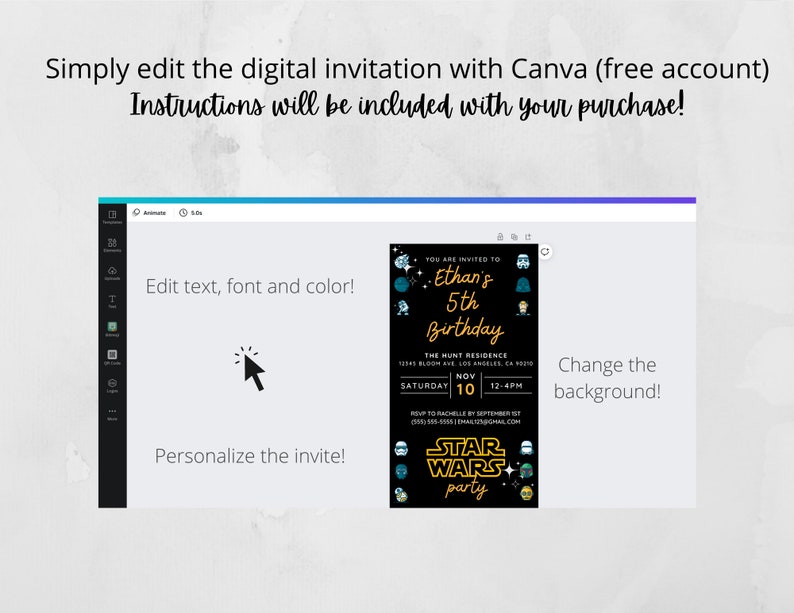 May include: A digital invitation template for a Star Wars themed 5th birthday party. The invitation is customizable with Canva and features a black background with gold text and Star Wars characters. The text on the invitation reads "You are invited to Ethan's 5th Birthday".