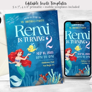 Little Mermaid Ariel Birthday Invitation Theme | Editable Digital Text Birthday Invitation Template | Evite Invite | Resizable & Printable