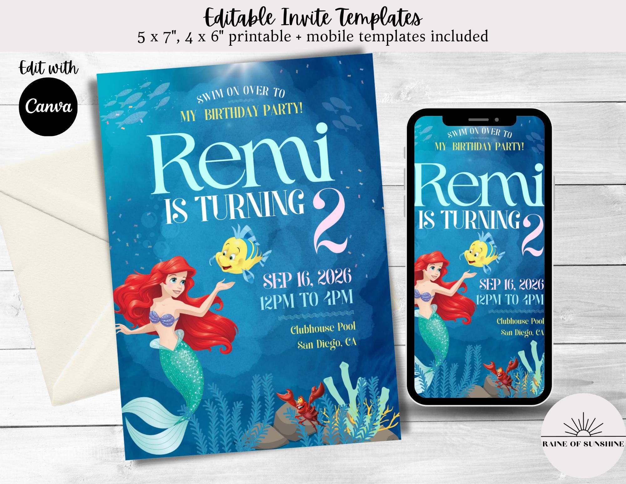 Little Mermaid Ariel Birthday Invitation Theme | Editable Digital Text Birthday Invitation Template | Evite Invite | Resizable & Printable