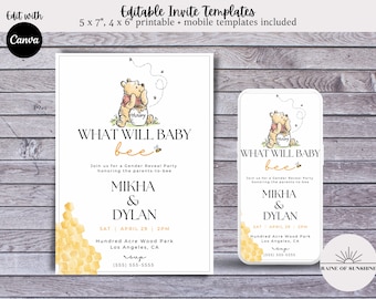 May include: A Winnie the Pooh themed gender reveal party invitation with a cartoon image of Winnie the Pooh holding a jar of honey. The invitation is for Mikha & Dylan and is set for April 29th at 2 PM at Hundred Acre Wood Park in Los Angeles, CA. The invitation also includes a mobile version.