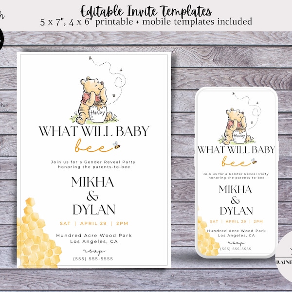 Winnie the Pooh Bee Gender Reveal Baby Shower Invitation Theme | Editable Digital Text Template | Evite Invite | Resizable & Printable