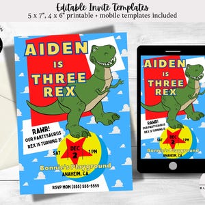 Op de afbeelding: Bewerkbare, afdrukbare uitnodigingstemplate voor een dinosaurusthema-verjaardagsfeest. De uitnodiging toont een groene dinosaurus met de tekst "Aiden is Three Rex" en een rode ster met de tekst "Dec 2" erop. De uitnodiging bevat ook de tekst "Bonnie's Playground, Anaheim, CA" en "RSVP Mom (555) 555-5555".