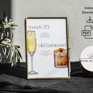 French 75 Old Fashioned Classic Vintage Bar Party Schild Menü Digitaldruck | Signature Cocktail | Sofortiger Download PDF zum Ausdrucken