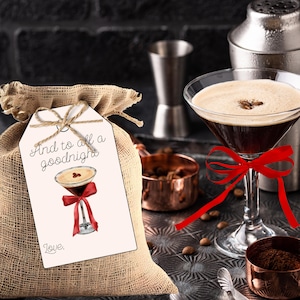 Modello di etichetta per sacchetto regalo Espresso Martini / Fiocco di chicchi di caffè Bevanda natalizia per le feste Minimo femminile / Stampabile / Download immediato o personalizzabile