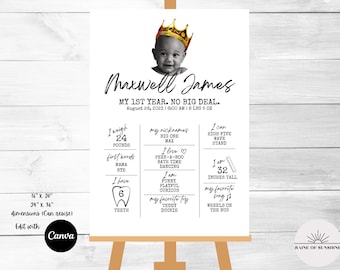 May include: A black and white photo of a baby boy wearing a gold crown. The photo is part of a printable first birthday milestone poster with details about the baby's first year, including weight, height, first words, favorite song, and favorite toy. The poster is decorated with black and white illustrations.