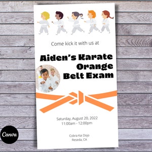 Modello di invito con testo digitale personalizzato per esame della cintura di karate Invito di invito / Può cambiare il colore della cintura