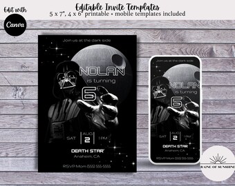 Star Wars Darth Vader Death Star Dark Side Theme | Editable Digital Text Birthday Invitation Template | Evite Invite | Resizable & Printable