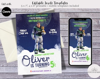 Plantilla de invitación digital editable para fiesta de cumpleaños de Buzz Lightyear Sox / Invitación Lightyear Evite / Redimensionable e imprimible
