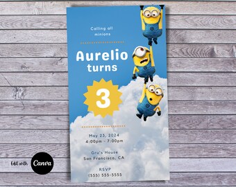Puede incluir: Una invitación de cumpleaños azul y amarilla con tres personajes de Minions de la franquicia Despicable Me. La invitación dice "Calling all minions Aurelio turns 3" e incluye la fecha, la hora y la ubicación de la fiesta.