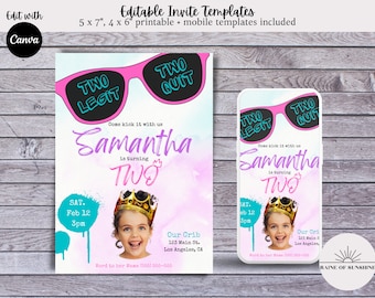 May include: Editable birthday party invitation template featuring a pink and blue watercolour background with sunglasses that say "Two Legit" and "Two Quit". The invitation says "Come kick it with us Samantha is turning Two".