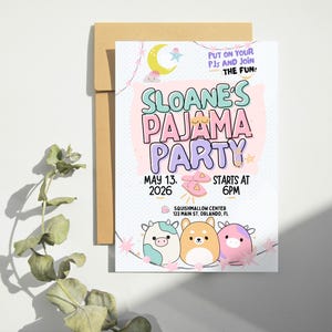 May include: A pink and blue invitation with the text "Sloane's Pajama Party" and a date of May 13, 2026, and a time of 6 PM. The invitation features a cartoon illustration of a cow, a dog, and a unicorn wearing pajamas.