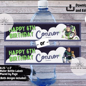 May include: Two printable water bottle labels featuring a cartoon character from the movie Toy Story. The labels are designed for a 6th birthday party and include the name Connor. The labels are 8.25 inches by 2 inches.