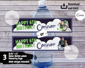 Buzz Lightyear Water Bottle Label | Editable Digital Birthday Water Bottle Sticker Label Thank You Favor Template | Printable