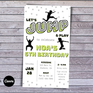 May include: A green and black birthday invitation with the text "Let's Jump & Play to celebrate Noa's 6th Birthday". The invitation includes details for a party at Kidzone on January 28th from 2-4 PM.