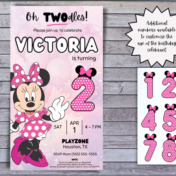 Minnie Mouse Twodles Toodles Theme 1st 2nd 3rd 4th etc Pink Cute Second Birthday Party Personalized Invitation Template | Invite Evite Print