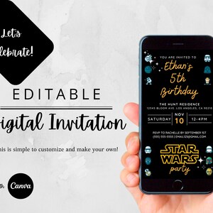 May include: A digital invitation for a Star Wars themed 5th birthday party. The invitation is displayed on a smartphone screen and features a black background with gold text and Star Wars characters. The text reads "You are invited to Ethan's 5th Birthday. The Hunt Residence, 12345 Bloom Ave, Los Angeles, CA 90210. Saturday, November 10, 12-4pm. RSVP to Rachelle by September 1st (555) 555-5555 | email123@gmail.com. Star Wars Party."