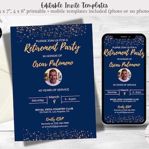 Ruhestand Arbeit Abschied Produkteinführung Party-Einladung | Semi formelle Navy Gold bearbeitbar Einladen | Digital DIY Größenverstellbar & Printable
