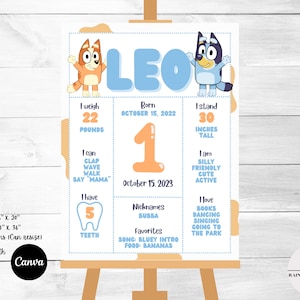 Niedliche Blau Orange Hunde Geburtstag Meilenstein Party Statistiktafel | Spaß Thema bearbeitbar Digital | Größenverstellbar & druckbar